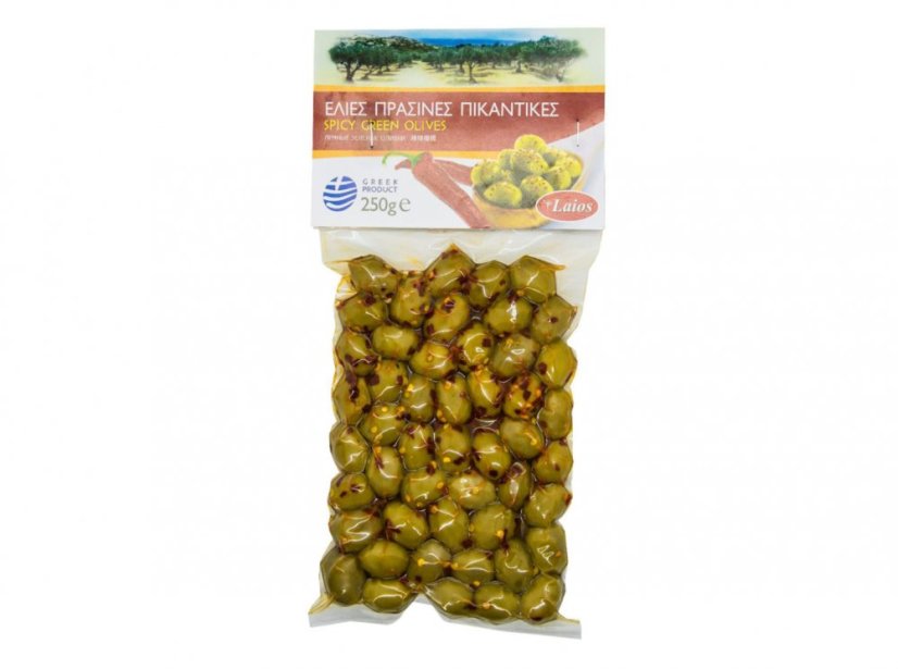 LAIOS zelené olivy s peckou a Chilli 250g vacuum LAIOS zelené olivy s peckou a Chilli 250g vacuum